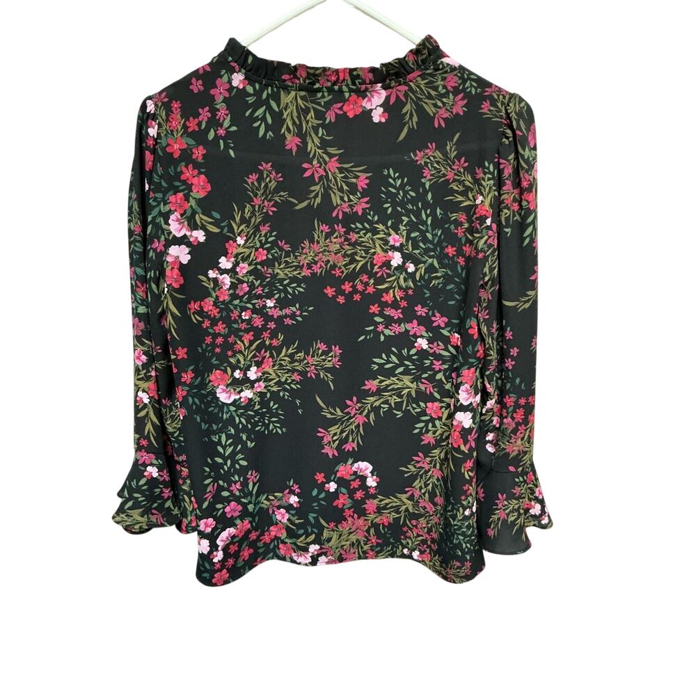 CeCe Black Floral Blouse Size S Long Sleeve Ruffle Neck Top - Picture 3 of 3